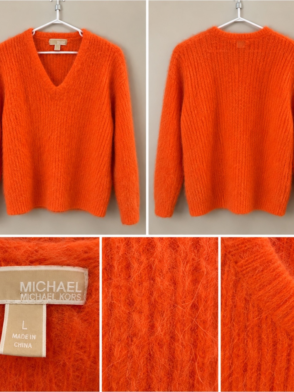 Angora Sweater Michael Kors Bright Orange Fuzzy V-Neck Sweater